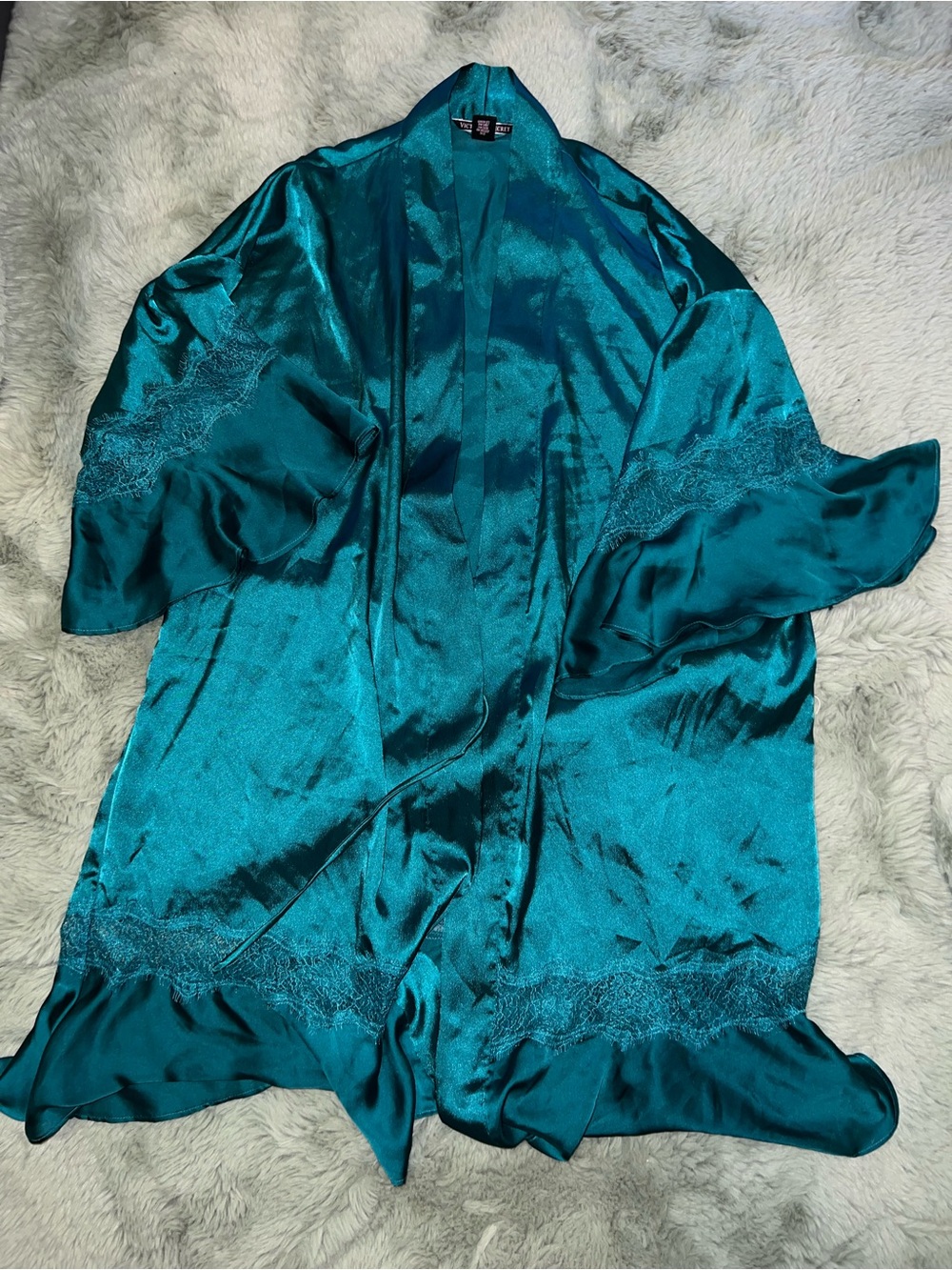 Victoria's Secret Teal Satin Lace-Trim Kimono Robe